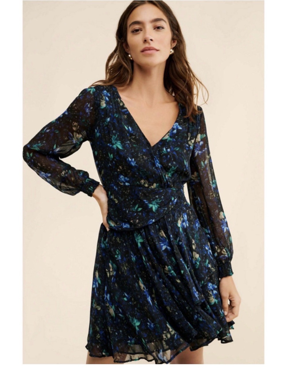 Anthropologie Metallic Shimmer Floral Wrap Mini Dress Smocked S Wedding Coquette